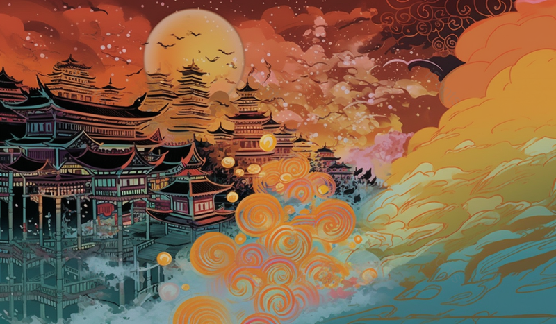 河畔吊脚楼建筑中华文化历史文化建筑殿堂阁楼祥云中国风国潮风古典复古插画,插画/手绘图,插画/手绘图库,插画/手绘图下载,插画/手绘